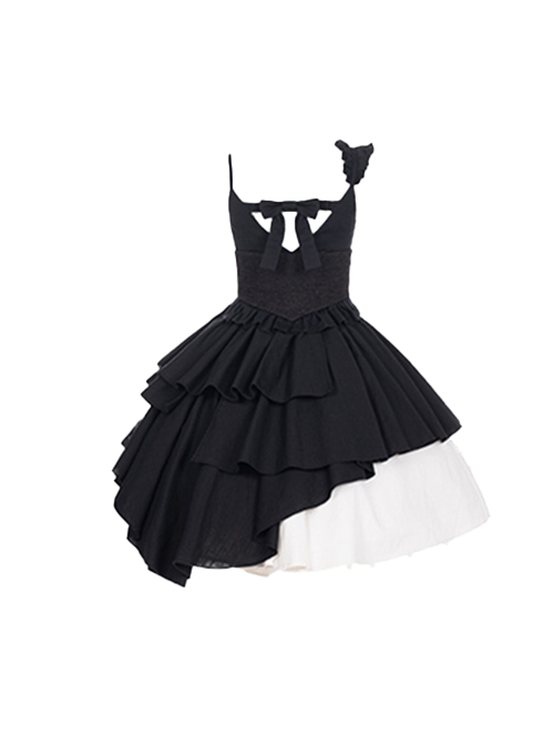 Pure Black Asymmetric Suspenders Irregular Hem Design Detachable Waistband White Skirt Cool Girl Punk Lolita Sleeveless Dress Set