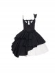 Pure Black Asymmetric Suspenders Irregular Hem Design Detachable Waistband White Skirt Cool Girl Punk Lolita Sleeveless Dress Set