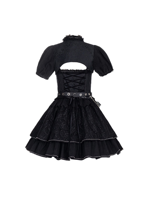 Black Satin Jacquard Metal Chain Decorate Belt Shawl Sleeves Multi-Wear Punk Lolita Sleeveless Dress Set