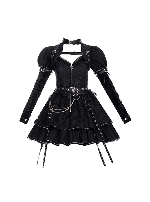 Black Satin Jacquard Metal Chain Decorate Belt Shawl Sleeves Multi-Wear Punk Lolita Sleeveless Dress Set