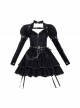 Black Satin Jacquard Metal Chain Decorate Belt Shawl Sleeves Multi-Wear Punk Lolita Sleeveless Dress Set