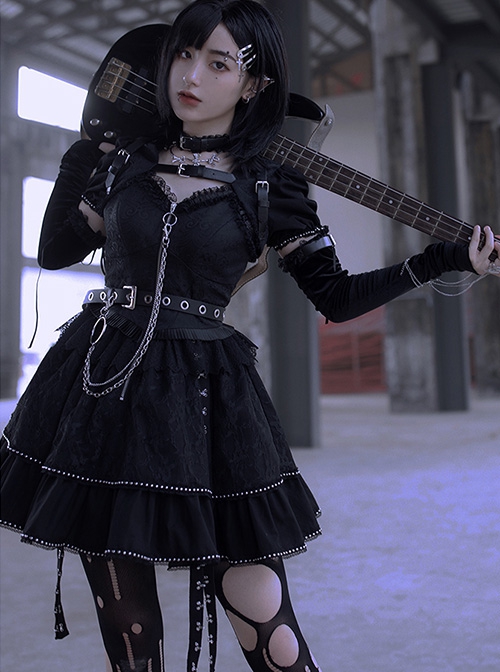 Black Satin Jacquard Metal Chain Decorate Belt Shawl Sleeves Multi-Wear Punk Lolita Sleeveless Dress Set