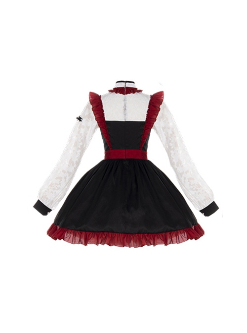 Chinese Style Stand Collar Hollow Black Red Asymmetric Hem Design Lace Puff Sleeves Bowknot Decoration Classic Lolita Long Sleeve Dress