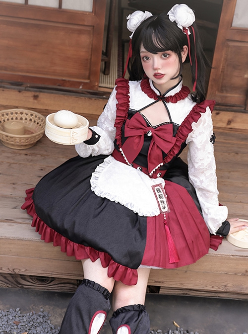 Chinese Style Stand Collar Hollow Black Red Asymmetric Hem Design Lace Puff Sleeves Bowknot Decoration Classic Lolita Long Sleeve Dress