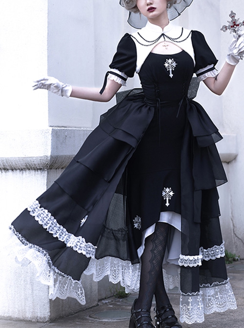 Undead Prayer Series Nun Style Black-White Cross Embroidered Fishtail Skirt Lace Cover Skirt Gothic Lolita Short-Sleeved Dress