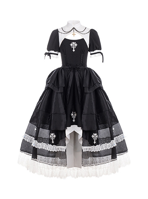 Undead Prayer Series Nun Style Black-White Cross Embroidered Fishtail Skirt Lace Cover Skirt Gothic Lolita Short-Sleeved Dress