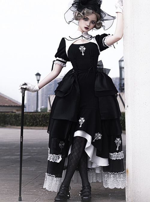 Undead Prayer Series Nun Style Black-White Cross Embroidered Fishtail Skirt Lace Cover Skirt Gothic Lolita Short-Sleeved Dress