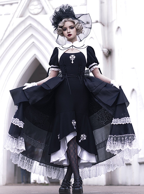 Undead Prayer Series Nun Style Black-White Cross Embroidered Fishtail Skirt Lace Cover Skirt Gothic Lolita Short-Sleeved Dress