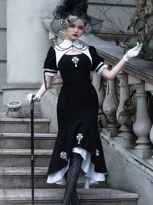 Undead Prayer Series Nun Style Black-White Cross Embroidered Fishtail Skirt Lace Cover Skirt Gothic Lolita Short-Sleeved Dress