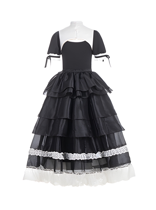 Undead Prayer Series Nun Style Black-White Cross Embroidered Fishtail Skirt Lace Cover Skirt Gothic Lolita Short-Sleeved Dress