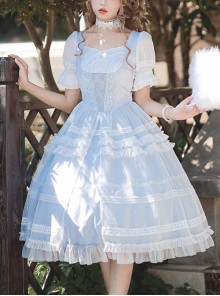 Shell Wind Chime Series Elegant Square Neck Lily-Of-The-Valley Embroidered Polka Dot Yarn Hem Classic Lolita Short-Sleeved Dress