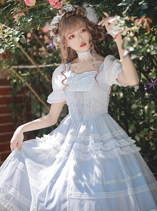 Shell Wind Chime Series Elegant Square Neck Lily-Of-The-Valley Embroidered Polka Dot Yarn Hem Classic Lolita Short-Sleeved Dress