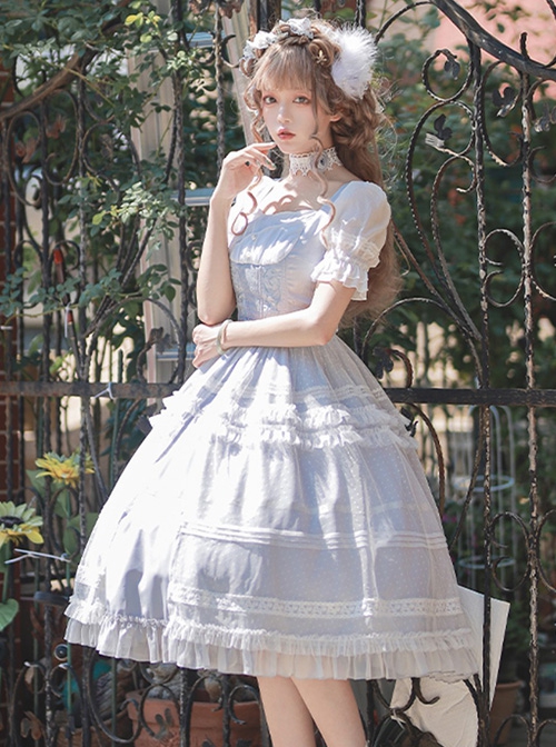 Shell Wind Chime Series Elegant Square Neck Lily-Of-The-Valley Embroidered Polka Dot Yarn Hem Classic Lolita Short-Sleeved Dress