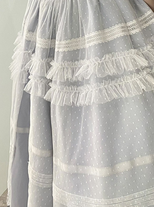Shell Wind Chime Series Elegant Square Neck Lily-Of-The-Valley Embroidered Polka Dot Yarn Hem Classic Lolita Short-Sleeved Dress
