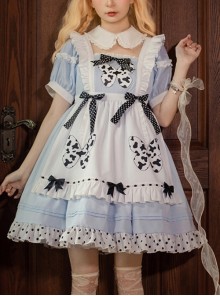 Alice's Wish Series Cute Doll Collar Hollow Polka Dot Bowknot Decorated Cows Pattern Printed Butterfly Daily Sweet Lolita Short-Sleeved Dress