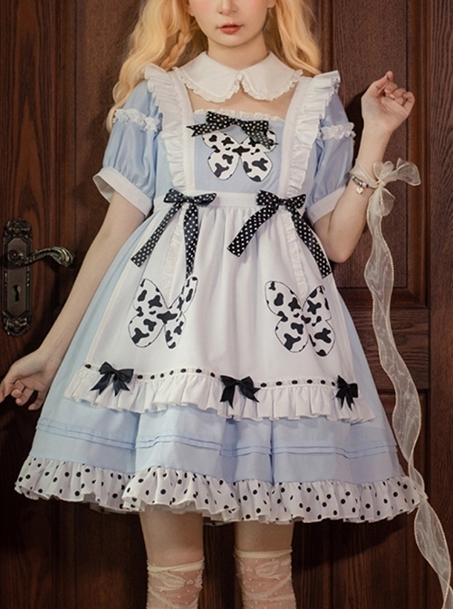 Alice's Wish Series Cute Doll Collar Hollow Polka Dot Bowknot Decorated Cows Pattern Printed Butterfly Daily Sweet Lolita Short-Sleeved Dress