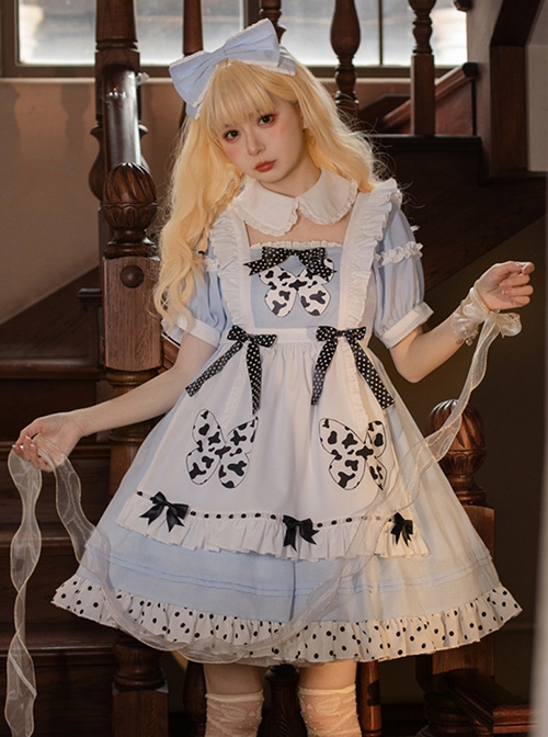 Alice's Wish Series Cute Doll Collar Hollow Polka Dot Bowknot Decorated Cows Pattern Printed Butterfly Daily Sweet Lolita Short-Sleeved Dress