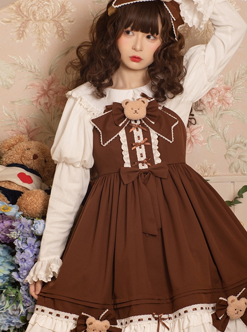 Mousse Bear Series Cute Retro Plush Bear Bowknot Decorated Ruffled Sweet Lolita Sleeveless Dress