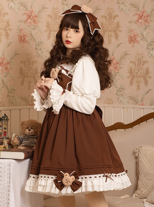 Mousse Bear Series Cute Retro Plush Bear Bowknot Decorated Ruffled Sweet Lolita Sleeveless Dress