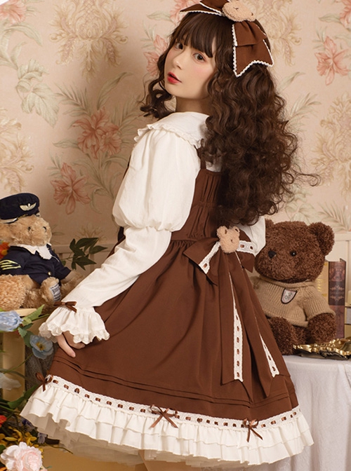 Mousse Bear Series Cute Retro Plush Bear Bowknot Decorated Ruffled Sweet Lolita Sleeveless Dress