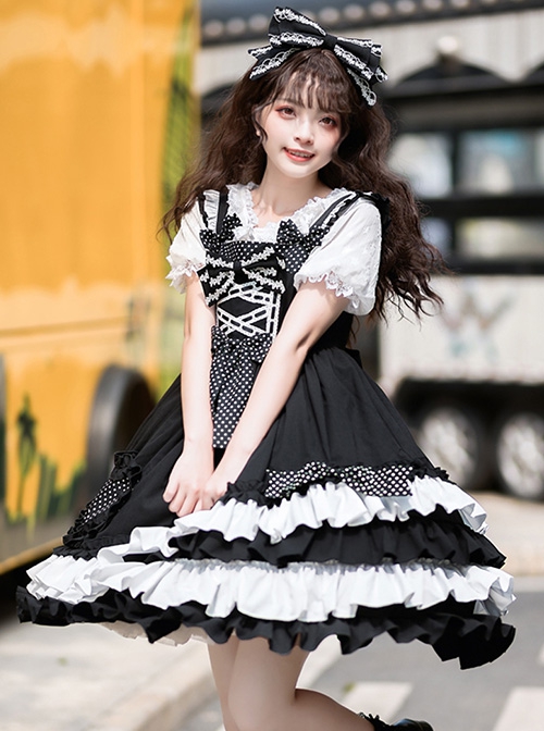 Black Sugar Sweetheart Series Black-White Sweet Cool Girl Polka Dot Simple Asymmetrical Hem Classic Lolita Sleeveless Dress