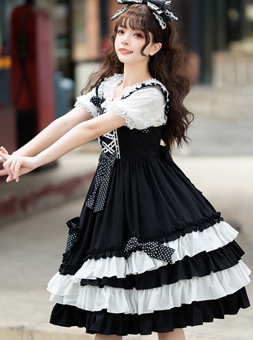 Black Sugar Sweetheart Series Black-White Sweet Cool Girl Polka Dot Simple Asymmetrical Hem Classic Lolita Sleeveless Dress