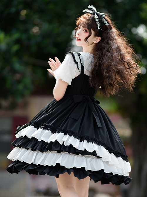 Black Sugar Sweetheart Series Black-White Sweet Cool Girl Polka Dot Simple Asymmetrical Hem Classic Lolita Sleeveless Dress