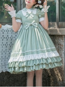 Miss Dandelion Series Green Summer Fresh Doll Collar Lace Bow-Knot Decoration Classic Lolita Short-Sleeved Dress