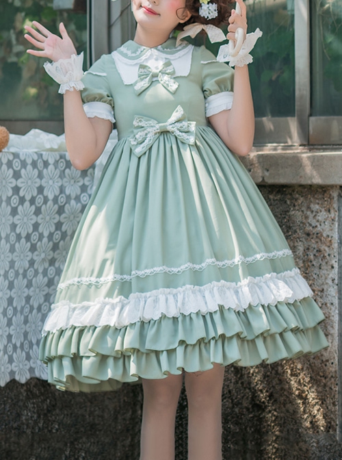 Miss Dandelion Series Green Summer Fresh Doll Collar Lace Bow-Knot Decoration Classic Lolita Short-Sleeved Dress