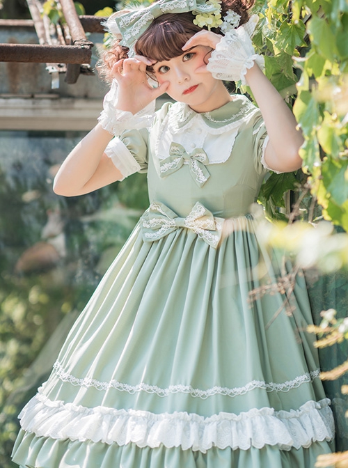 Miss Dandelion Series Green Summer Fresh Doll Collar Lace Bow-Knot Decoration Classic Lolita Short-Sleeved Dress