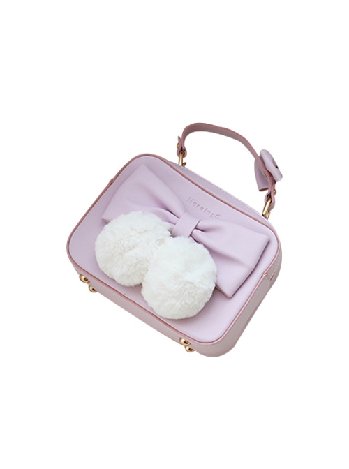 Cat Ball Series Solid Color Detachable Plush Ball Bow-Knot Decoration Small Square Bag Sweet Lolita Hand Shoulder Bag