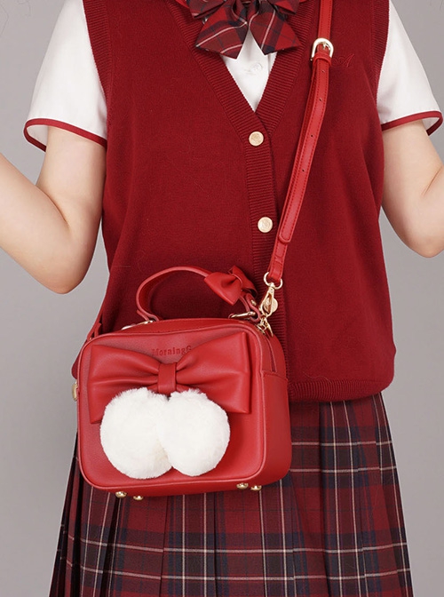 Cat Ball Series Solid Color Detachable Plush Ball Bow-Knot Decoration Small Square Bag Sweet Lolita Hand Shoulder Bag