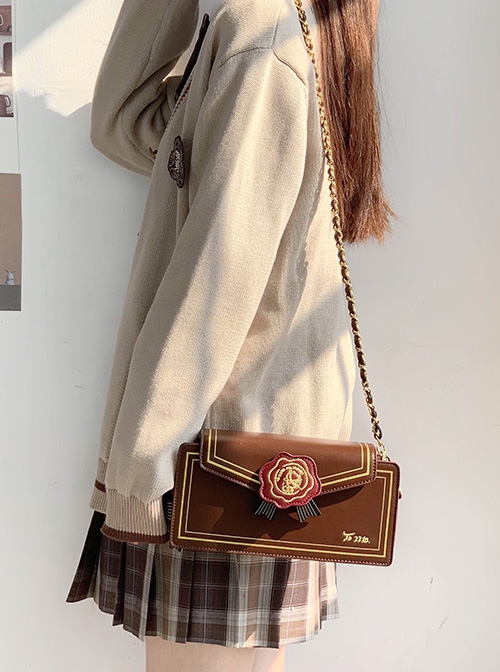 Rose Letter Series Elegant Metal Chain Detachable Embroidered Rose Badge Versatile Envelope Small Square Bag Classic Lolita Shoulder Bag