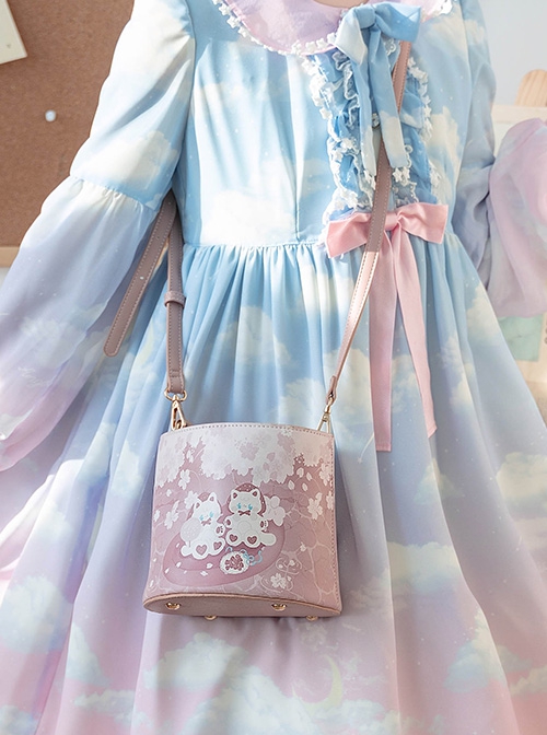 Pink Cute Cartoon Cat Print Lace-Up Versatile Sweet Lolita Portable Shoulder Messenger Bag