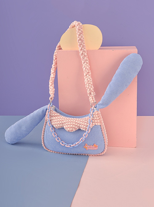 Cute Corduroy Rabbit Ears Stitching Sweet Pink-White Lace Acrylic Chain Jewelry Decoration Sweet Lolita Shoulder Bag