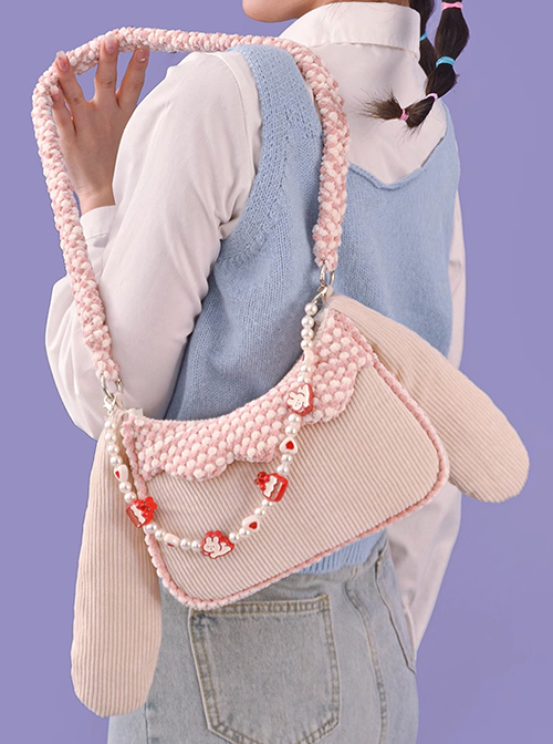 Cute Corduroy Rabbit Ears Stitching Sweet Pink-White Lace Acrylic Chain Jewelry Decoration Sweet Lolita Shoulder Bag