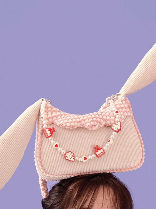 Cute Corduroy Rabbit Ears Stitching Sweet Pink-White Lace Acrylic Chain Jewelry Decoration Sweet Lolita Shoulder Bag