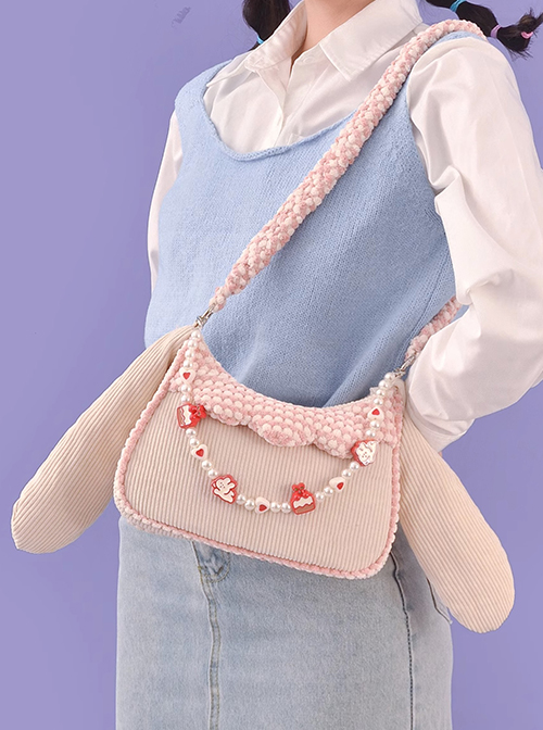 Cute Corduroy Rabbit Ears Stitching Sweet Pink-White Lace Acrylic Chain Jewelry Decoration Sweet Lolita Shoulder Bag