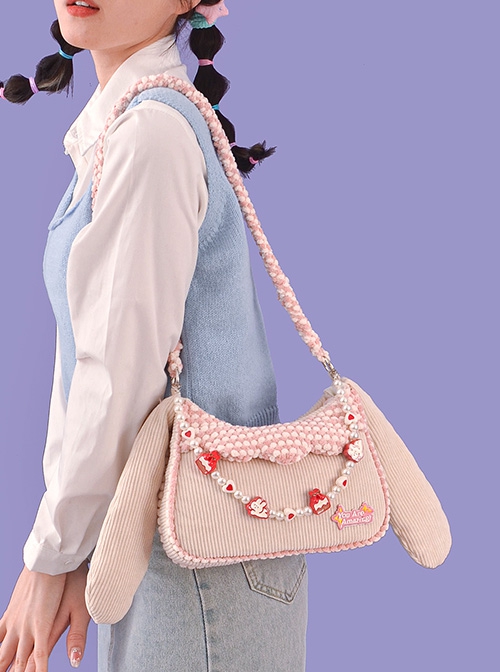Cute Corduroy Rabbit Ears Stitching Sweet Pink-White Lace Acrylic Chain Jewelry Decoration Sweet Lolita Shoulder Bag
