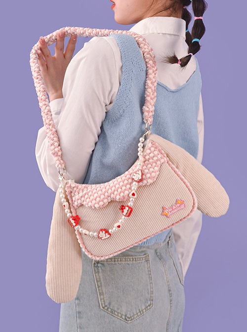 Cute Corduroy Rabbit Ears Stitching Sweet Pink-White Lace Acrylic Chain Jewelry Decoration Sweet Lolita Shoulder Bag