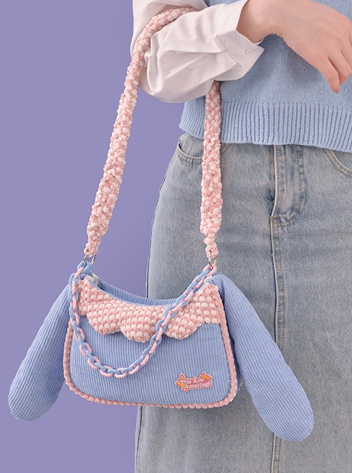 Cute Corduroy Rabbit Ears Stitching Sweet Pink-White Lace Acrylic Chain Jewelry Decoration Sweet Lolita Shoulder Bag