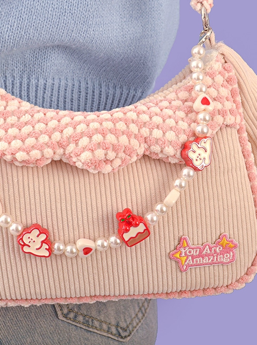 Cute Corduroy Rabbit Ears Stitching Sweet Pink-White Lace Acrylic Chain Jewelry Decoration Sweet Lolita Shoulder Bag