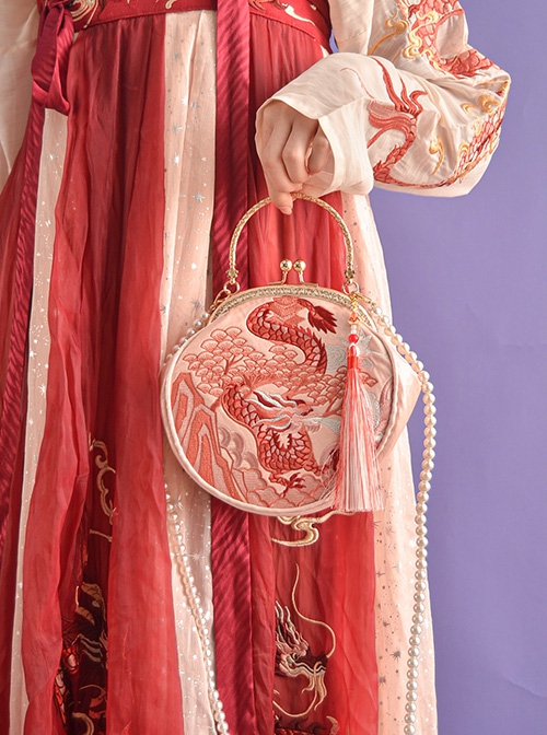 Chinese Style Han Element Embroidery Dragon Retro Tassel Decoration Round Mouth Gold Bag Hanfu Handheld Shoulder Bag