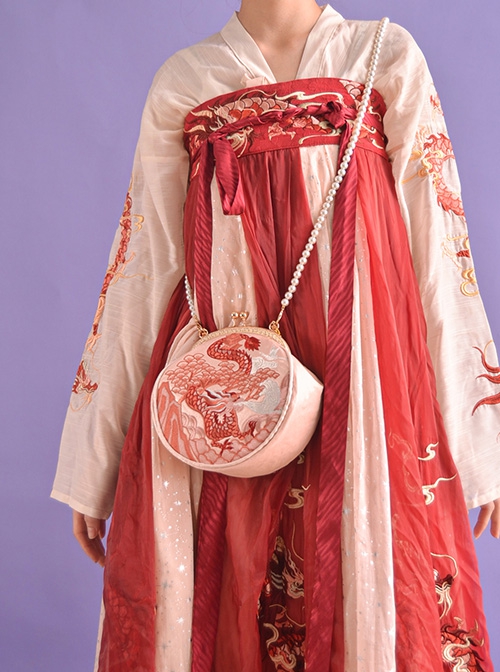 Chinese Style Han Element Embroidery Dragon Retro Tassel Decoration Round Mouth Gold Bag Hanfu Handheld Shoulder Bag