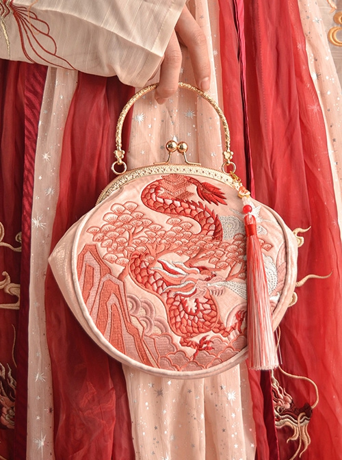 Chinese Style Han Element Embroidery Dragon Retro Tassel Decoration Round Mouth Gold Bag Hanfu Handheld Shoulder Bag