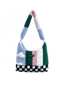 Plush Stitching Contrast Color Black-White Plaid White Cloud Winter Lamb Wool Large Capacity Classic Lolita Portable Shoulder Bag