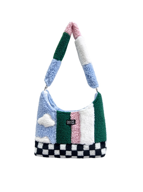 Plush Stitching Contrast Color Black-White Plaid White Cloud Winter Lamb Wool Large Capacity Classic Lolita Portable Shoulder Bag