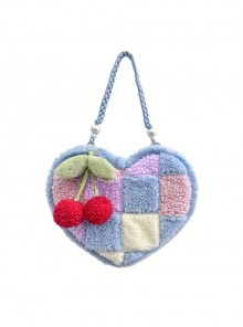 Heart-Shaped Color Contrast Stitching Plush Autumn Winter Hand-Woven Shoulder Strap Cute Cherry Ornaments Sweet Lolita Portable Shoulder Bag