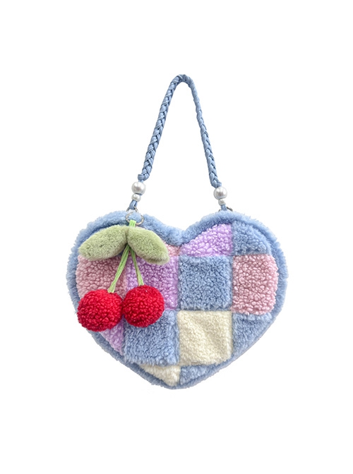 Heart-Shaped Color Contrast Stitching Plush Autumn Winter Hand-Woven Shoulder Strap Cute Cherry Ornaments Sweet Lolita Portable Shoulder Bag