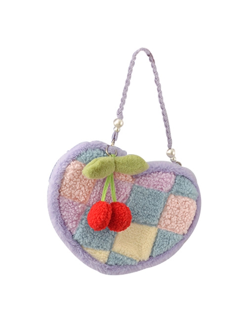 Heart-Shaped Color Contrast Stitching Plush Autumn Winter Hand-Woven Shoulder Strap Cute Cherry Ornaments Sweet Lolita Portable Shoulder Bag
